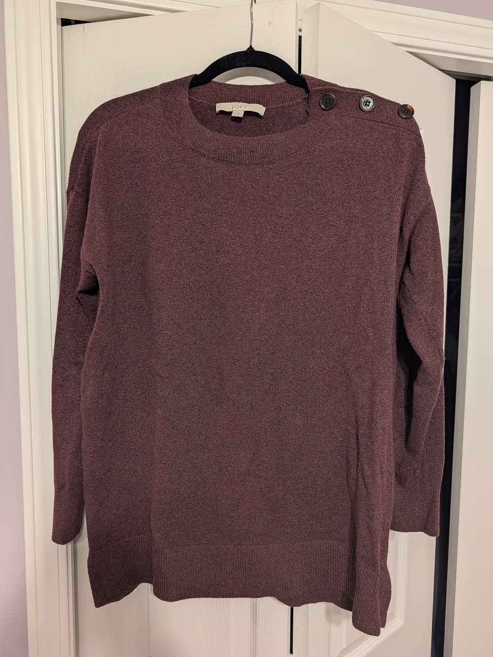 LOFT Women's Button-Shoulder Crewneck Sweater in Plum